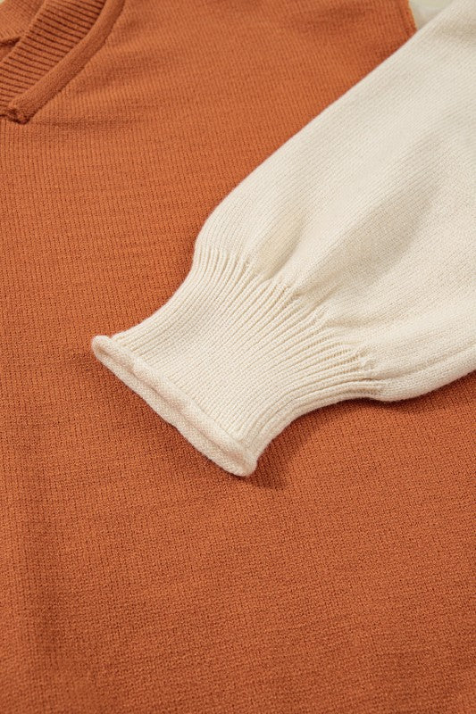 Colorblock Raw Edge Bubble Sleeve V-Neck Sweater Shop Style & More | Fresh Looks, Everyday Deals & Free Shipping