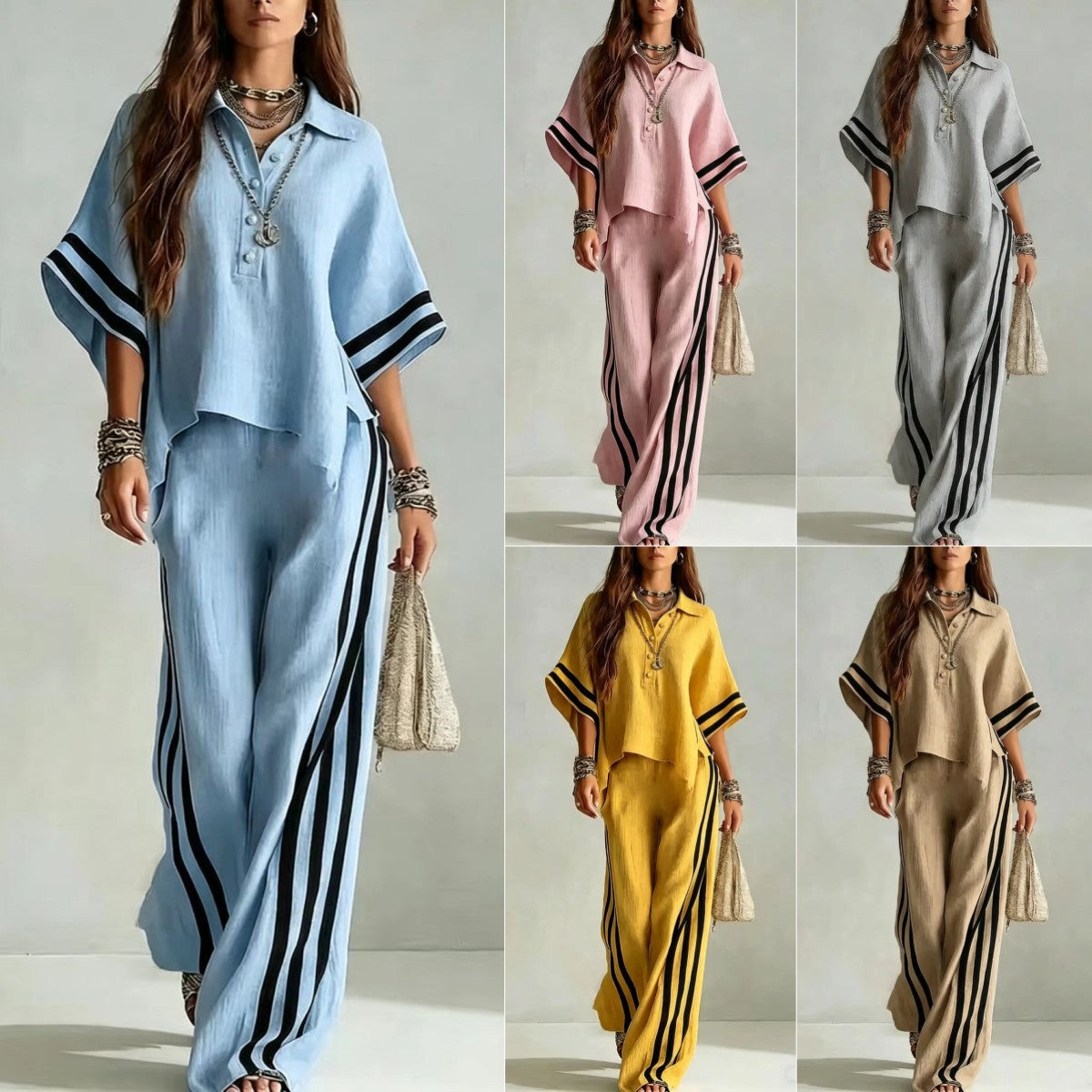 Women's Short-Sleeve Shirt & Loose Pants Two-Piece Set FitiqueFit