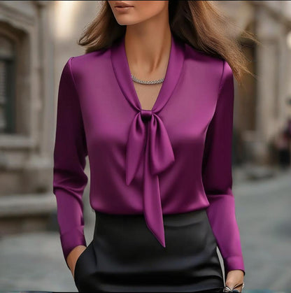 Elegant Satin Ribbon Blouse — Long Sleeve Button-Down Work Shirt FitiqueFit