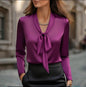 Elegant Satin Ribbon Blouse — Long Sleeve Button-Down Work Shirt FitiqueFit