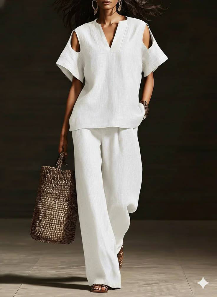 V-Neck Short Sleeve Top & Straight-Leg Pants Set – Ripped Detail, Pockets, Solid Color FitiqueFit
