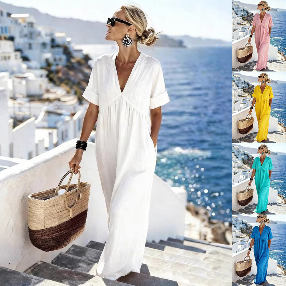 V-Neck Short-Sleeve High Waist Maxi Dress | Resort Style FitiqueFit