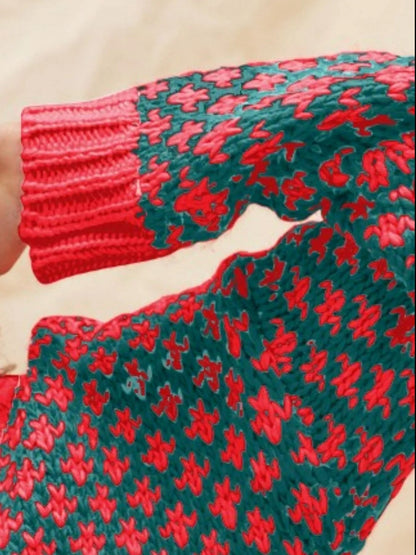 SO ME Color Block Textured Christmas Sweater V Neck Top West2East Surf