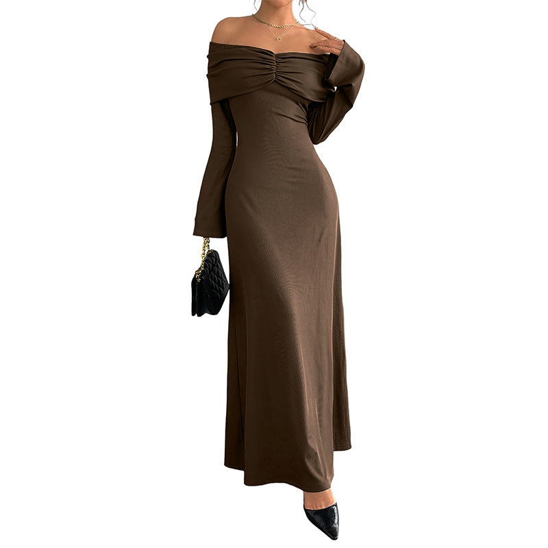 Brown Off-shoulder Slim Women's Dress Grayceful LLC