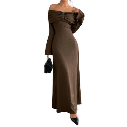 Brown Off-shoulder Slim Women's Dress Grayceful LLC