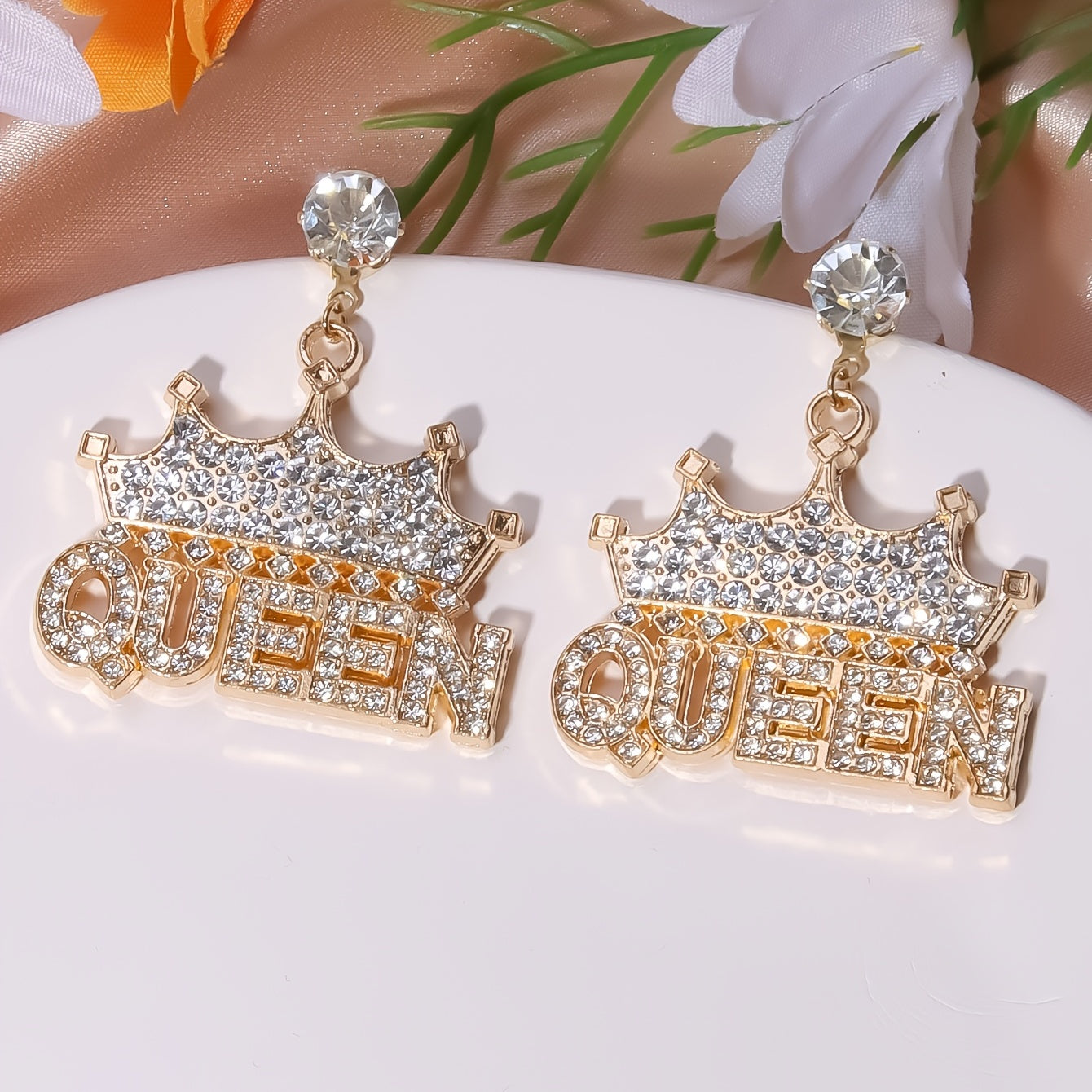 Exaggerated Rhinestone Drop Earrings Queen Letter Pendant Shiny Dangle Earrings All-match Women's Ear Jewelry NovaCart