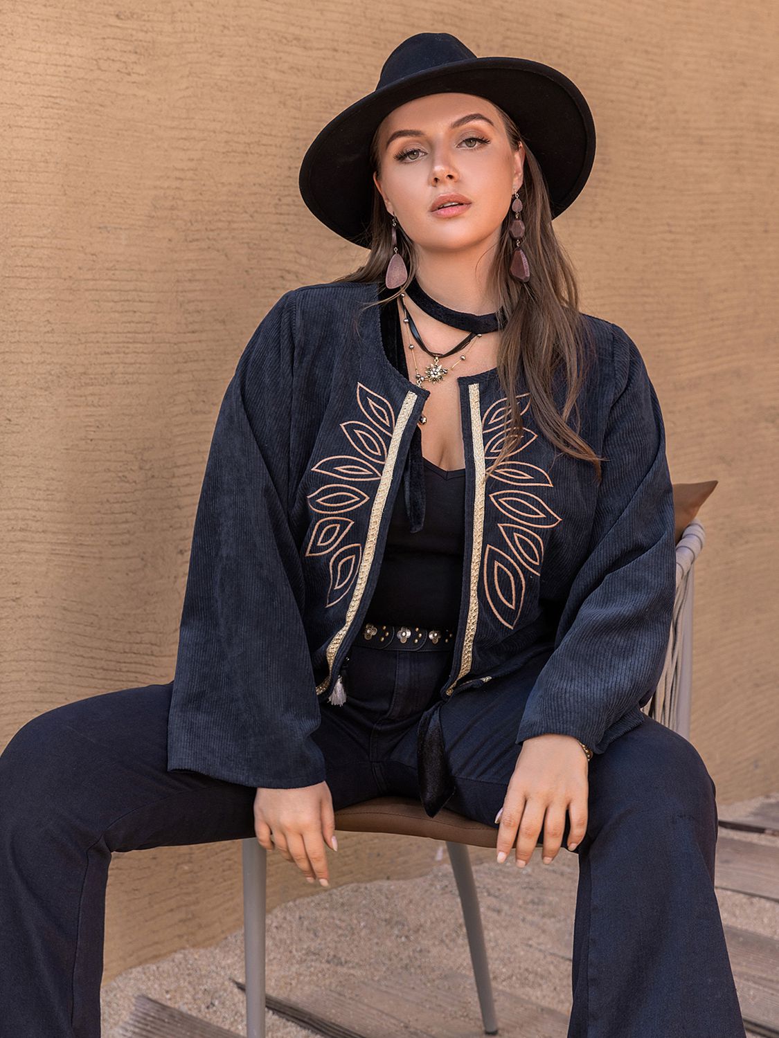 Plus Size Embroidered Open Front Jacket See size chart under “more details” The Fashion Celestial