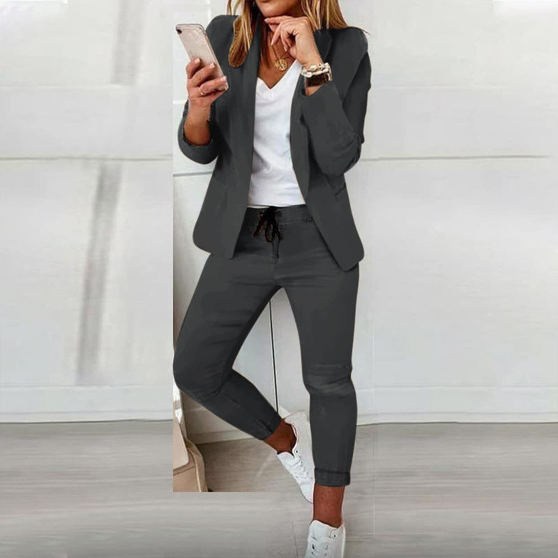 Women’s Notch-Lapel Blazer & Drawstring Pants Suit Set FitiqueFit