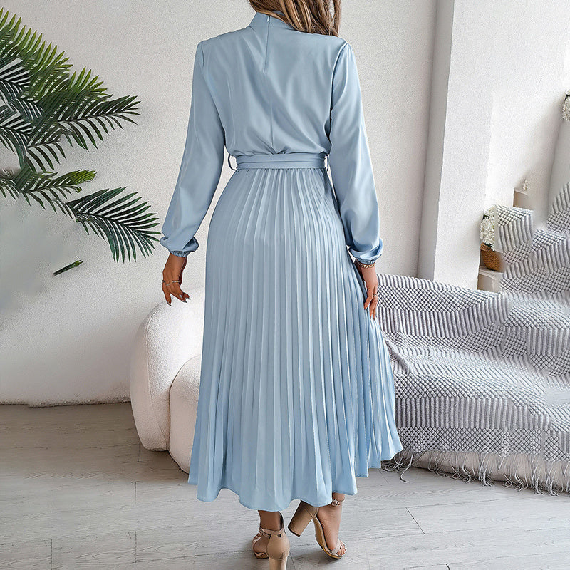 Elegant High Neck Long Sleeve Pleated Maxi Dress - Solid Color Flowy Dress For Women, Casual To Formal Wear Grayceful LLC