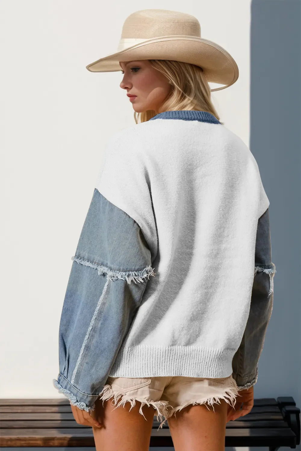 Double Take Star-Pattern Raw-Edge Long Sleeve Sweater FitiqueFit