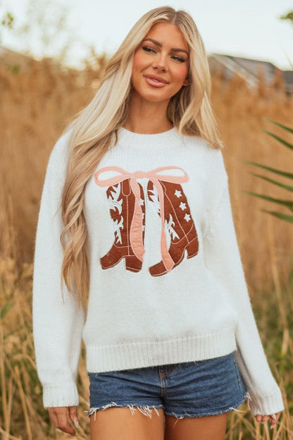 Western Bow Boots Embroidered Drop Shoulder Sweate Shop Style & More | Fresh Looks, Everyday Deals & Free Shipping