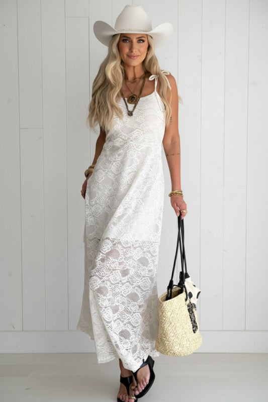 Floral Lace Tie Spaghetti Straps Maxi Dress See size chart under “more details” The Fashion Celestial