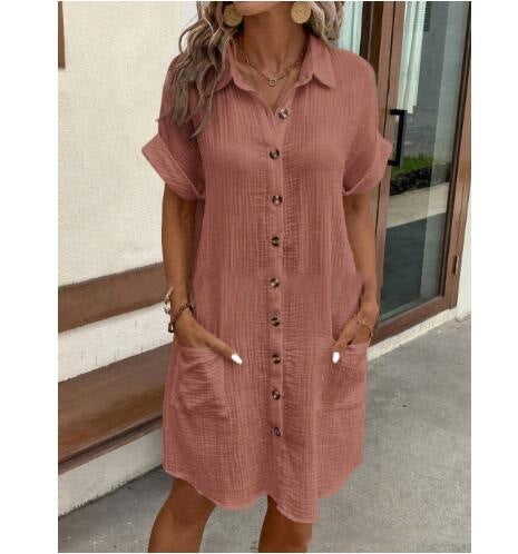 Women's Cotton Linen Shirt Dress – V-Neck Button-Front A-Line Dress FitiqueFit
