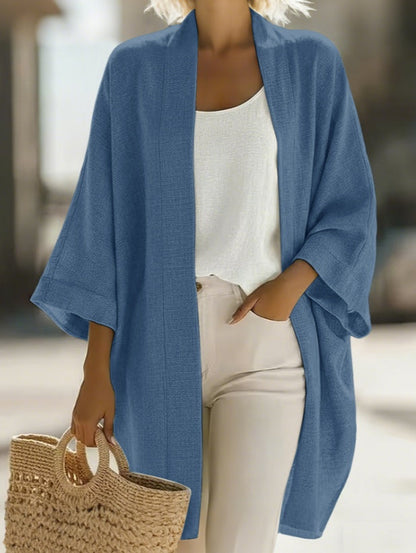 Women's Japanese Linen-Blend Kimono Cardigan – Open Front 3/4 Sleeve FitiqueFit
