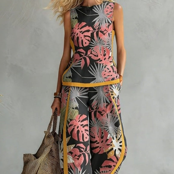 Printed Retro Sleeveless Top & Wide-Leg Pants Set | 12 Prints S–5XL FitiqueFit