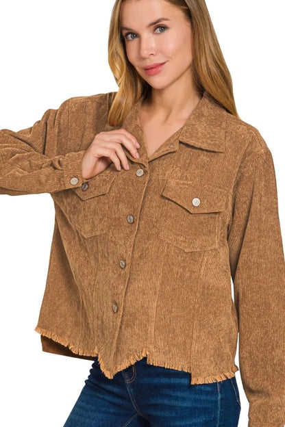 Zenana Distressed Corduroy Frayed Hem Cropped Jacket West2East Surf