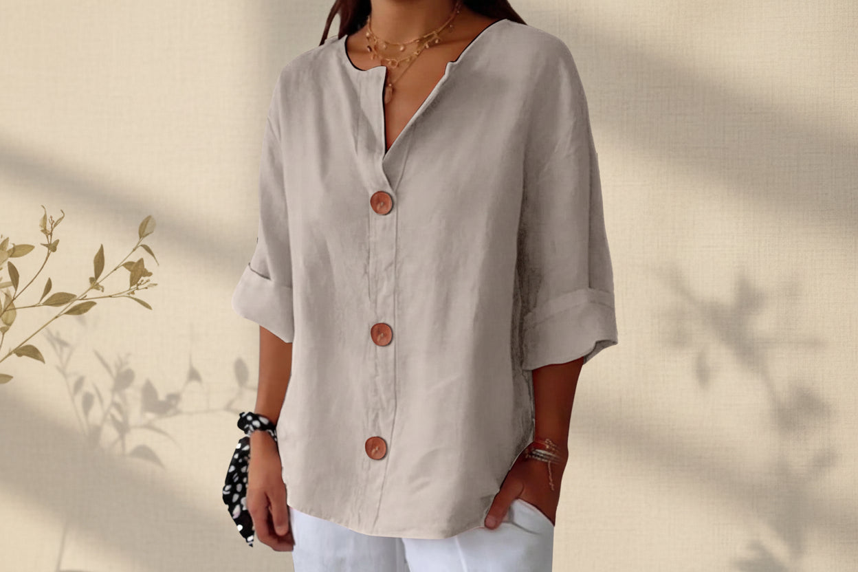 Women's V-Neck Cotton Linen Buttoned Blouse FitiqueFit