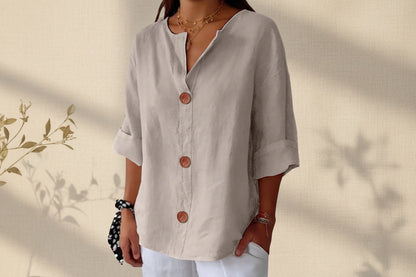 Women's V-Neck Cotton Linen Buttoned Blouse FitiqueFit