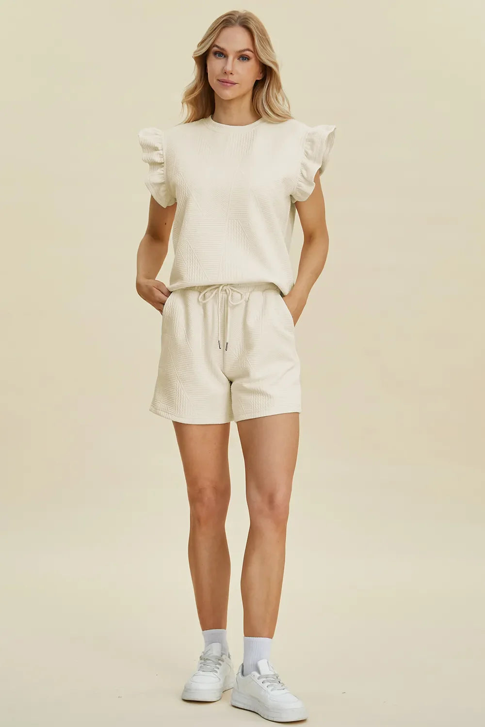 Double Take Full Size Texture Round Neck Ruffle Sleeve Top and Shorts Set West2East Surf