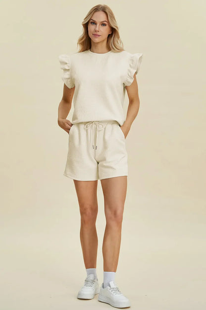Double Take Full Size Texture Round Neck Ruffle Sleeve Top and Shorts Set West2East Surf