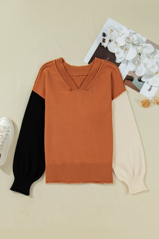 Colorblock Raw Edge Bubble Sleeve V-Neck Sweater Shop Style & More | Fresh Looks, Everyday Deals & Free Shipping