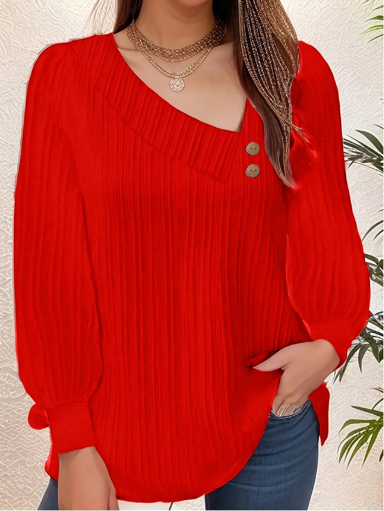 Chic Plus Size V-Neck Blouse Decorative Buttons Glossy  Top
