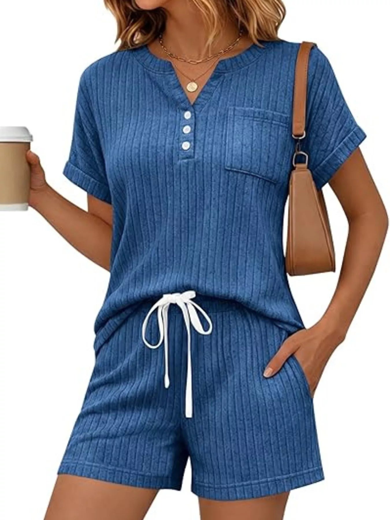 Casual Ribbed Knit Tee and Shorts Set New Era Fashion LLc