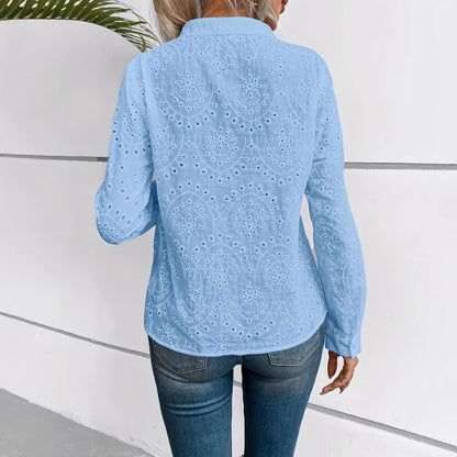 Women’s Blue Embroidered Hollow-Out Long Sleeve Shirt FitiqueFit