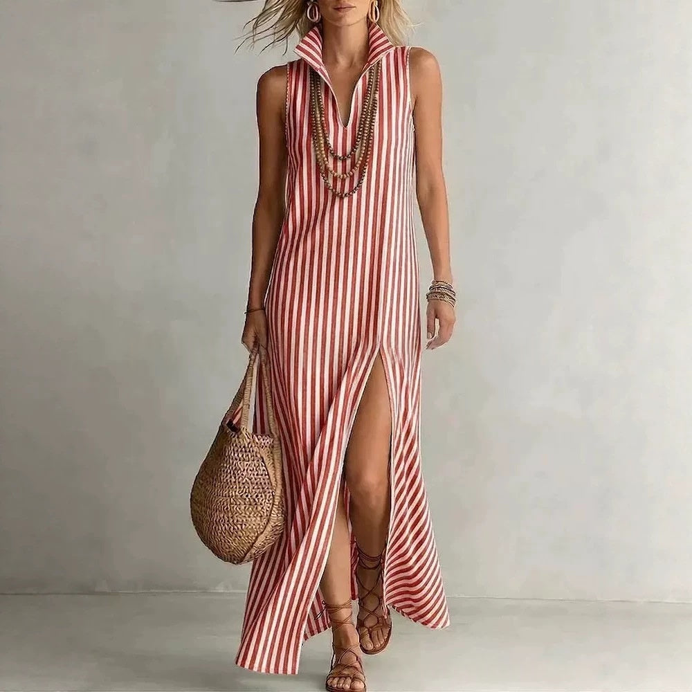 Striped Stand Collar Side-Slit Sleeveless Maxi Dress – A-Line Cami FitiqueFit