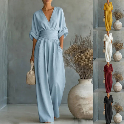 Women's V-Neck Wide-Leg Jumpsuit – High Waist Pleated Elegant 11 Colors S–5XL FitiqueFit