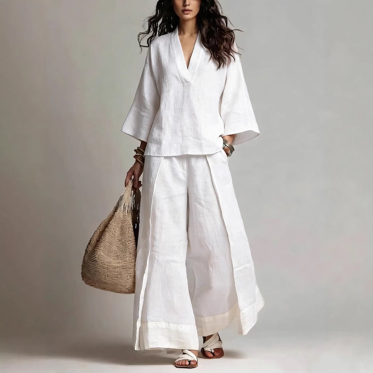 Women's Cotton-Linen V-Neck 3/4 Sleeve Shirt & Wide-Leg Pants Set FitiqueFit