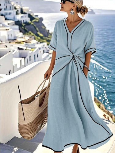 Striped Print Maxi Dress – Short Sleeve Beach Vacation Dress FitiqueFit