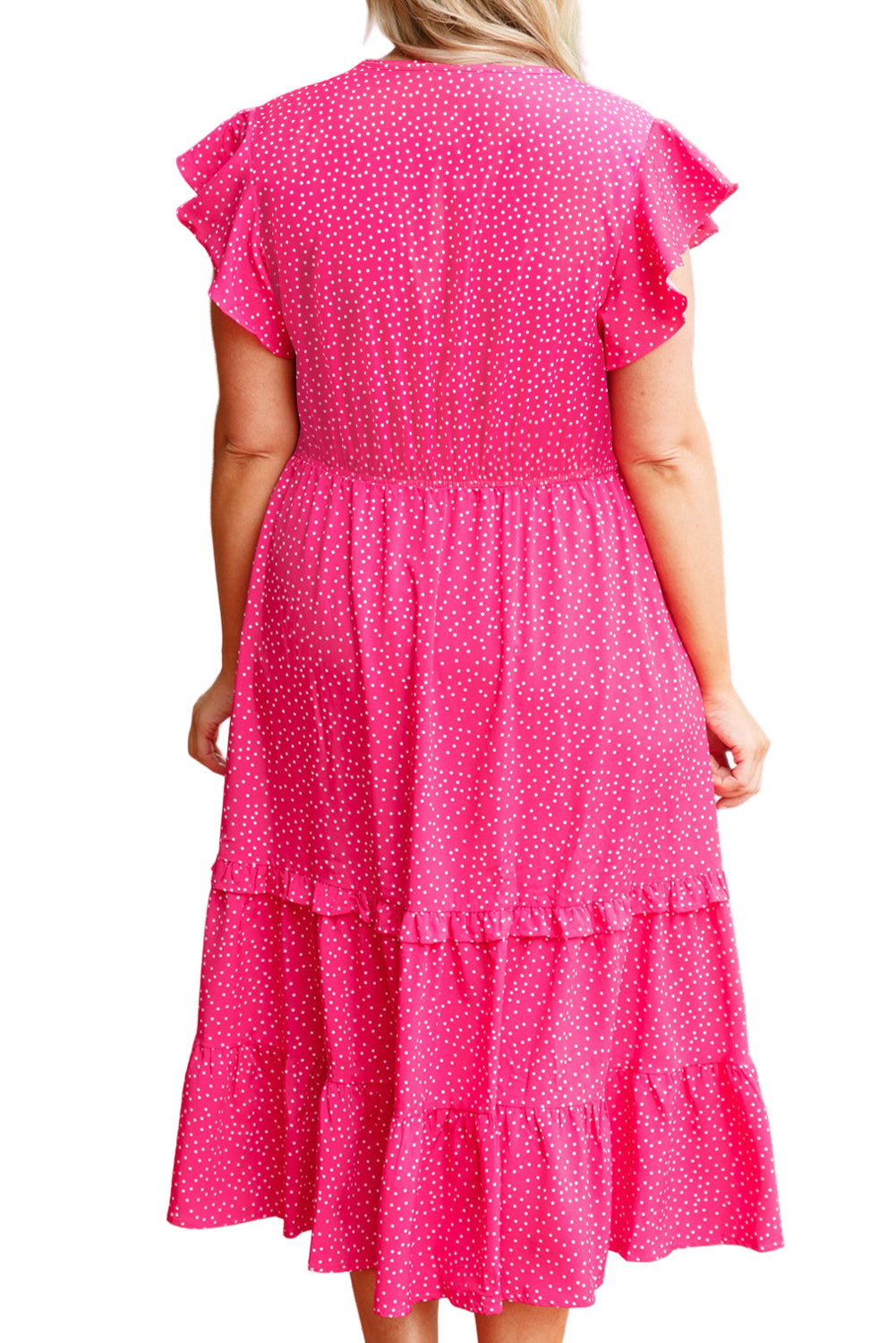 Rose Polka Dot Print Ruffled Smocked High Waist Plus Midi Dress Garden Naked Curves