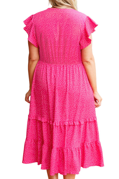 Rose Polka Dot Print Ruffled Smocked High Waist Plus Midi Dress Garden Naked Curves