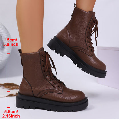 Women’s Round Toe Plus Size Lace-Up Chunky Sole Ankle Boots FitiqueFit