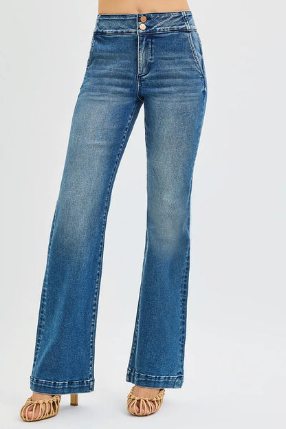RISEN Full Size Tummy Control High Rise Bootcut Jeans with Double Button Waistband Plus Size West2East Surf