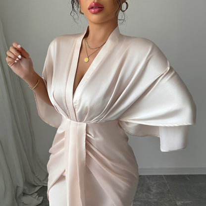 High-end Simple Style Deep V Waist Wide Sleeve Hip Skirt Dress Grayceful LLC