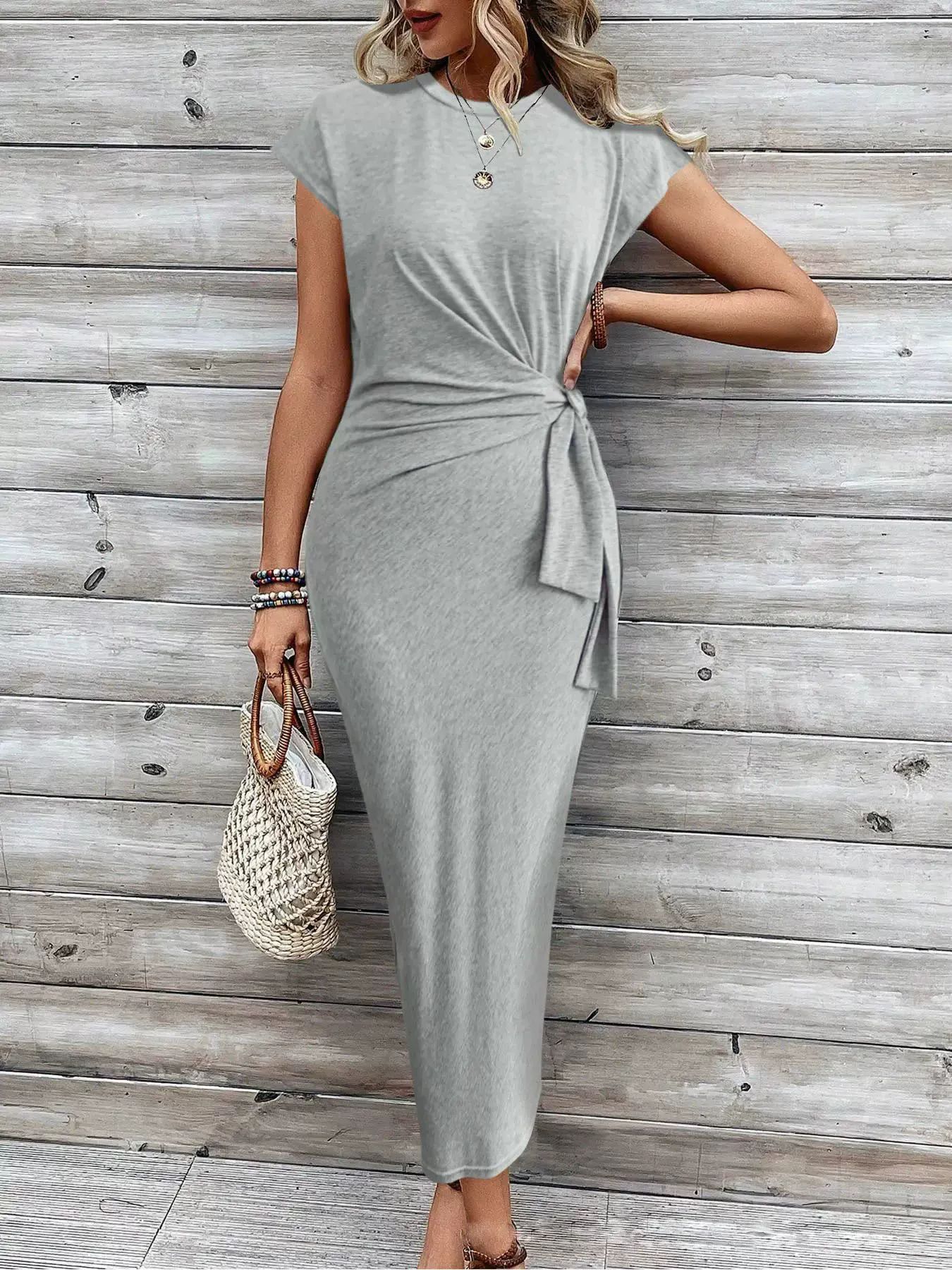 Elegant Waist Strap Striped Round Neck Short Sleeve And Long Pattern Dress Grayceful LLC