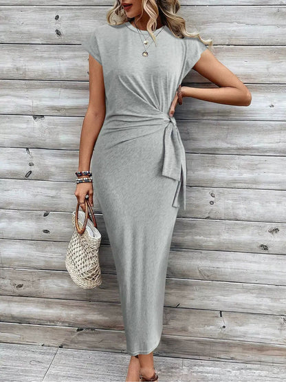 Elegant Waist Strap Striped Round Neck Short Sleeve And Long Pattern Dress Grayceful LLC