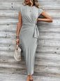 Elegant Waist Strap Striped Round Neck Short Sleeve And Long Pattern Dress Grayceful LLC
