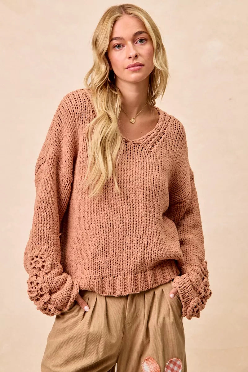 BiBi Chunky Knit Sweater with Flower Detail Sleeves FitiqueFit