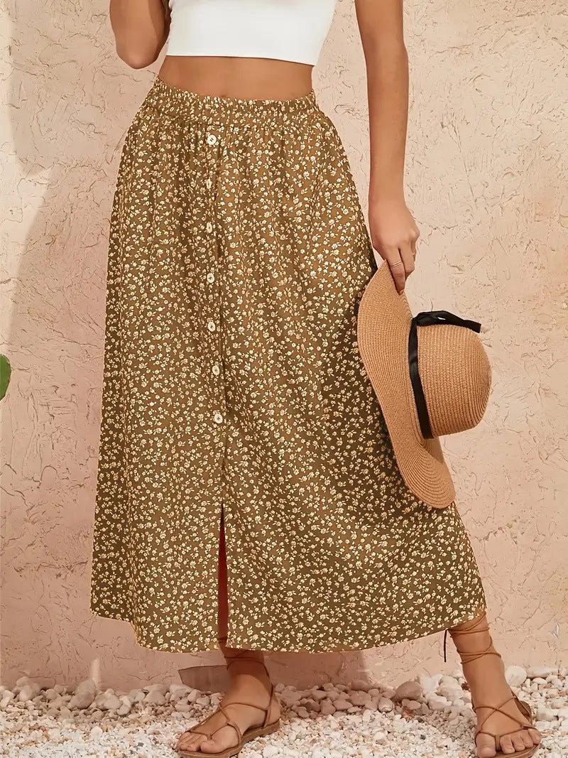European And American Printed Breasted Self-tie Summer Pastoral A- Line Skirt Advanced Skirt Grayceful LLC