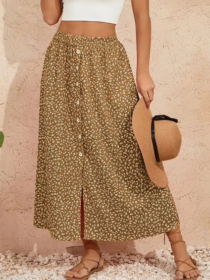 European And American Printed Breasted Self-tie Summer Pastoral A- Line Skirt Advanced Skirt Grayceful LLC
