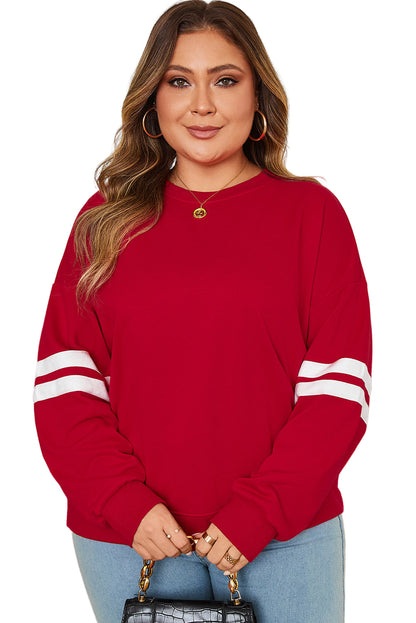 Fiery Red Varsity Striped Detail Crew Neck Plus Sweatshirt Garden Naked Curves