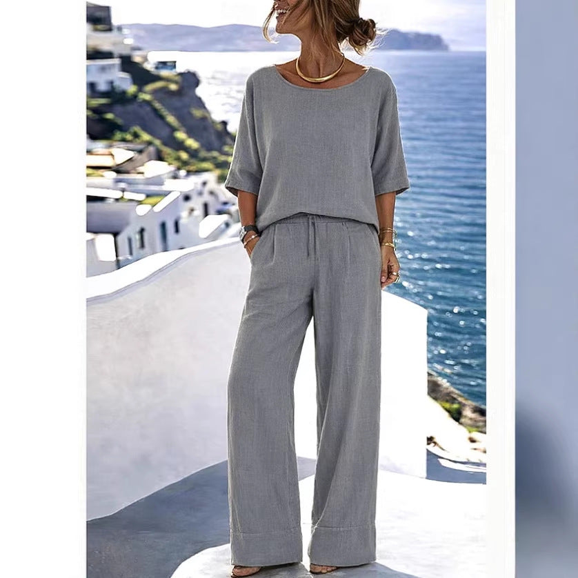 Women's Cotton Linen Resort Set – Short Sleeve Top & Wide-Leg Pants FitiqueFit