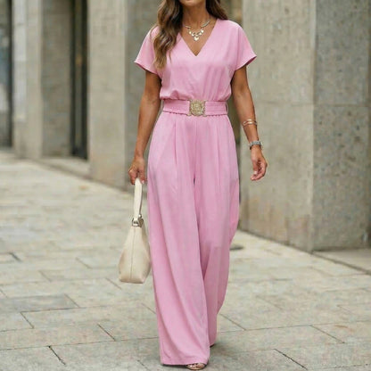 Women's V-Neck Belted Wide-Leg Jumpsuit FitiqueFit