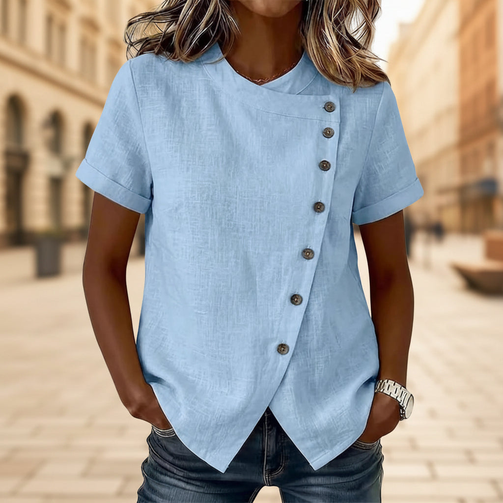 Women's Cross-Neckline Asymmetrical Hem Cotton Linen Top – Loose Fit FitiqueFit