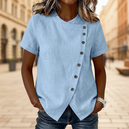 Women's Cross-Neckline Asymmetrical Hem Cotton Linen Top – Loose Fit FitiqueFit