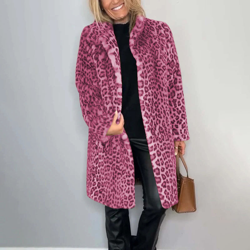 Women's Leopard Print Plush Jacket, Cozy Loose-Fit Warm Coat Elegant Medium-Length Fall Winter Outwear See size chart under “more details” The Fashion Celestial