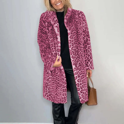 Women's Leopard Print Plush Jacket, Cozy Loose-Fit Warm Coat Elegant Medium-Length Fall Winter Outwear See size chart under “more details” The Fashion Celestial